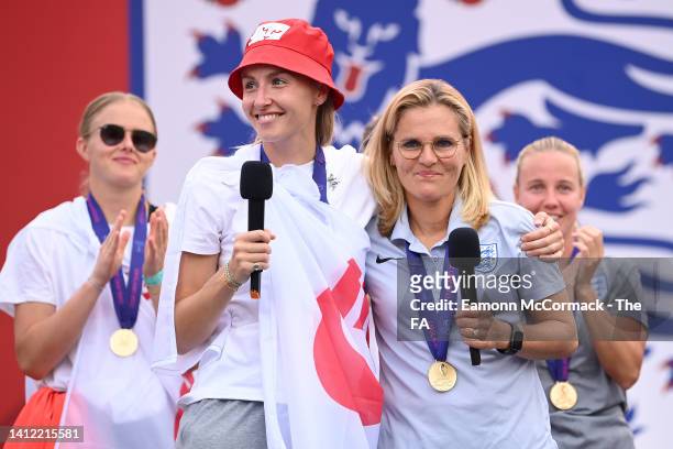 Leah Williamson and Sarina Wiegman, Manager of England speak during the England Women's Team Celebration at Trafalgar Square on August 01, 2022 in...