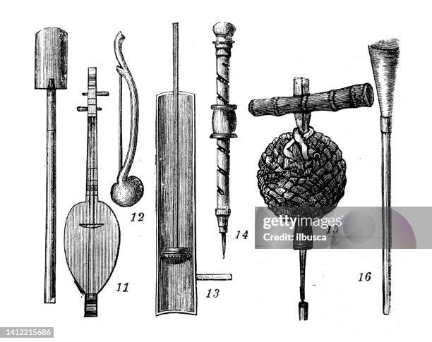 antique illustration, ethnography and indigenous cultures: tools and musical instruments, indonesia and malaysia - sumatra stock illustrations