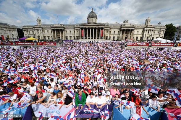 England fans show their support during the England Women's Team Celebration at Trafalgar Square on August 01, 2022 in London, England. The England...