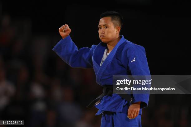 Shushila Devi Likmabam of Team India celebrates after defeating Priscilla Morand of Team Mauritius during the Women's Judo 48 kg Semifinal match on...