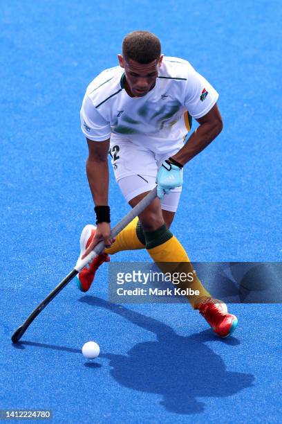 Leneal Jackson of Team South Africa competes during the Men's Hockey - Pool A match between Scotland and South Africa on day four of the Birmingham...