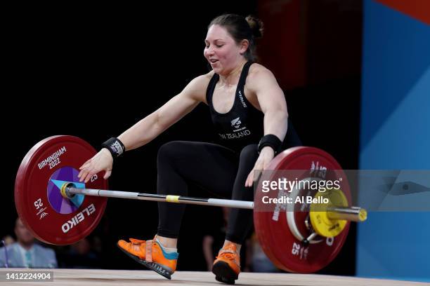Emma McIntyre of Team New Zealand performs a snatch during Women's 64kg Final on day four of the Birmingham 2022 Commonwealth Games at NEC Arena on...