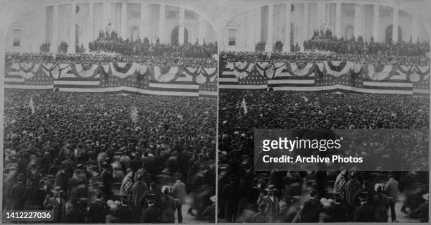 Stereoscopic image showing American lawyer and politician Grover Cleveland deliver his inaugural address to crowd at the inauguration of US President...