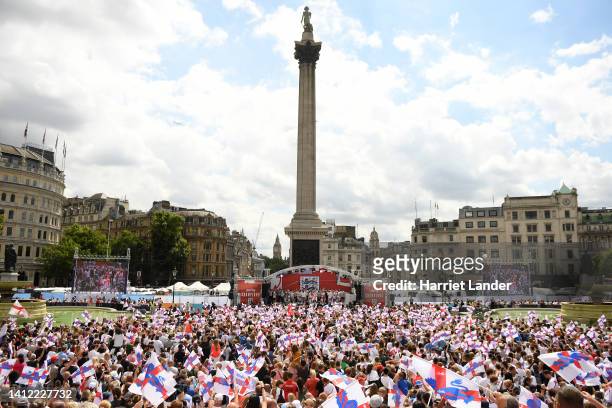 General view as England celebrate with fans during the England Women's Team Celebration at Trafalgar Square on August 01, 2022 in London, England....