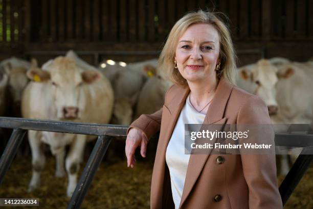 British Foreign Secretary and Conservative leadership candidate Liz Truss during her visit to Twelve Oaks Farm, on August 01, 2022 in Newton Abbot,...