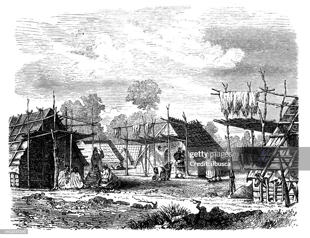 Antique illustration, ethnography and indigenous cultures: Cherokee village