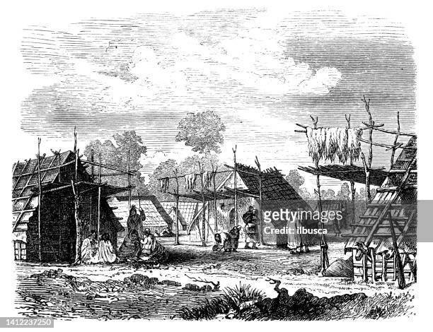 antique illustration, ethnography and indigenous cultures: cherokee village - cherokee stock illustrations