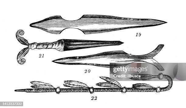 antique illustration, ethnography and indigenous cultures: north american native daggers and mandan insignia - dagger stock illustrations