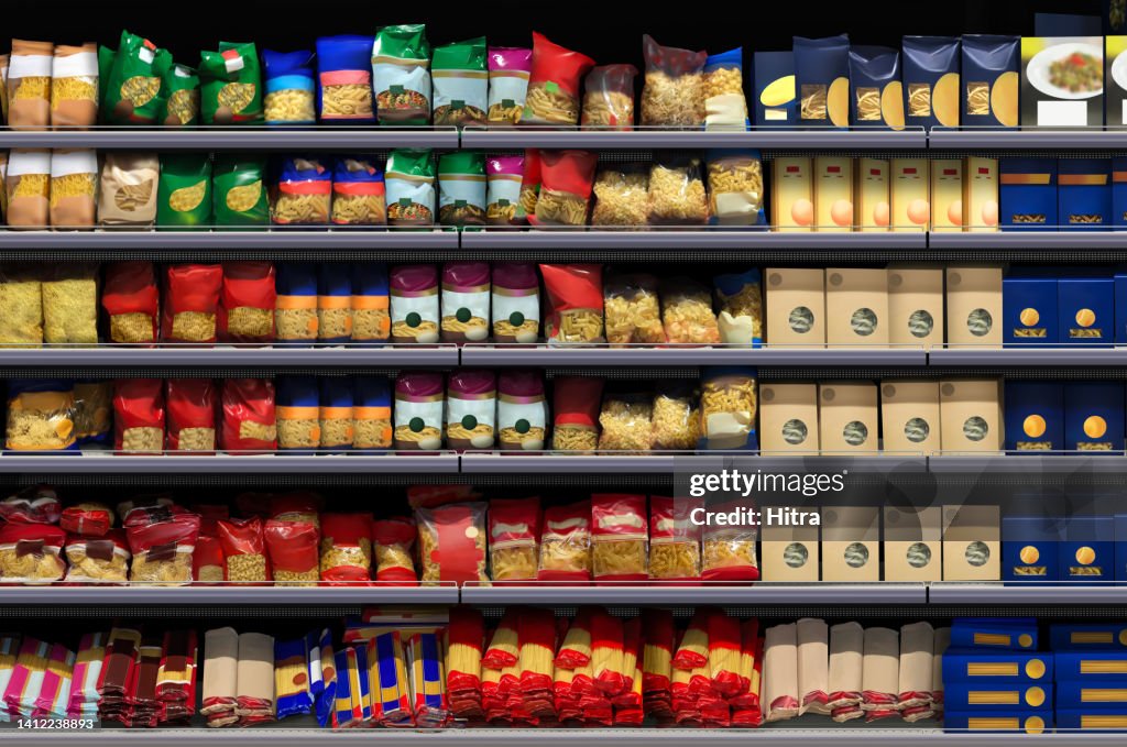 Spaghetti, Pasta, Fusilli, Lasagna packagings on shelf at supermarket, 3D illustration