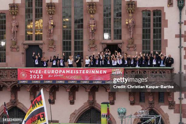 German Women`s National Team celebrate during reception for the German Women`s National Team at Römer on August 01, 2022 in Frankfurt am Main,...