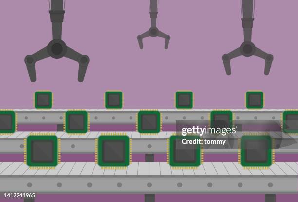stockillustraties, clipart, cartoons en iconen met semiconductor on a conveyor belt - fabricage apparatuur