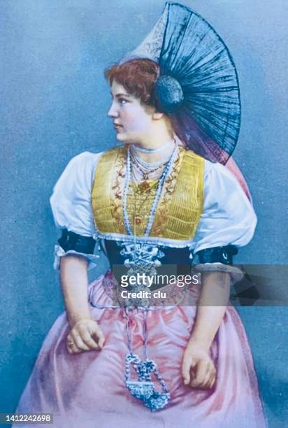 ilustrações, clipart, desenhos animados e ícones de jovem fantasiada tradicional da região de appenzell, suíça - 1890s dresses