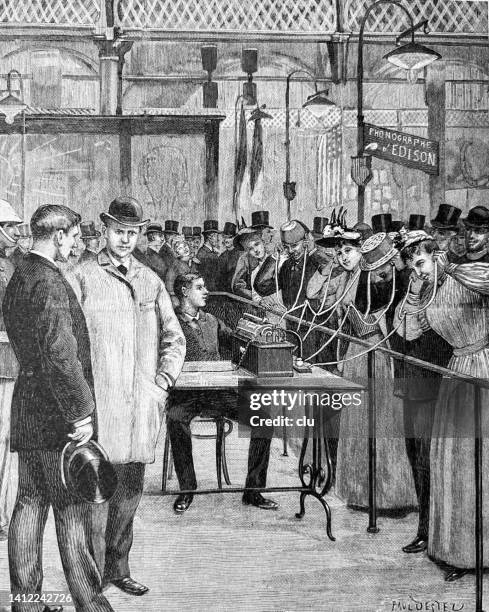 stockillustraties, clipart, cartoons en iconen met world exposition paris 1889, phonograph by thomas edison in the galerie des machines, visitors listen with earphones - gramophone