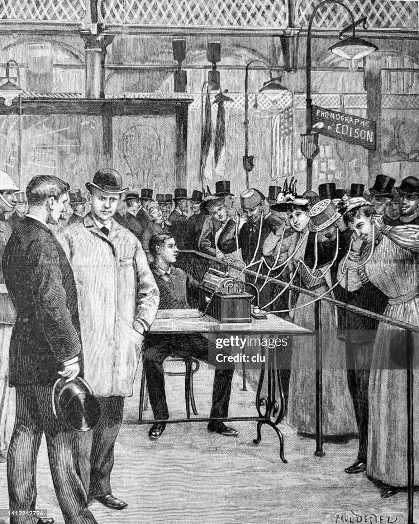 World Exposition Paris 1889, Phonograph by Thomas Edison in the Galerie des Machines, visitors listen with earphones