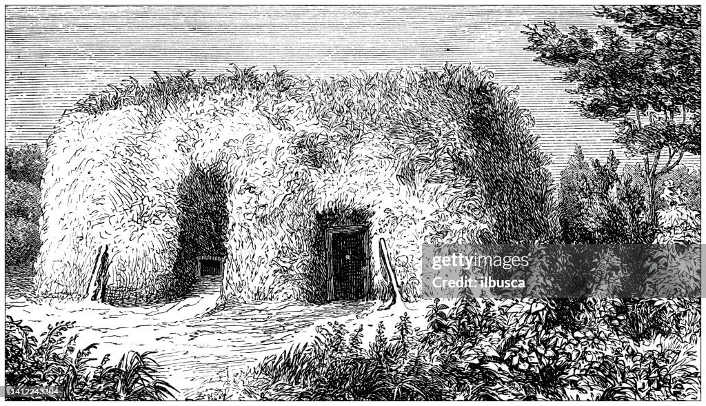 Antique illustration, ethnography and indigenous cultures: North American Native Aleut Home