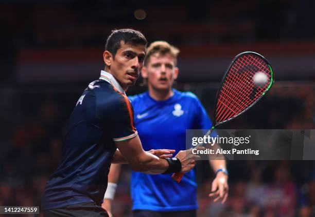 Saurav Ghosal of India plays a shot during his men's singles quarter-final match against Greg Lobban of Scotland on day four of the Birmingham 2022...
