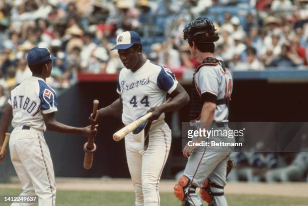 Atlanta Brave's Hank Aaron is shown here ready to go to bat during the game with the San Francisco Giants.