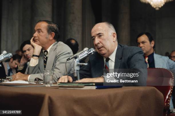 Former Attorney General John N Mitchell answers questions during appearance before Senate Watergate Committee. The panel will resume its intensive...