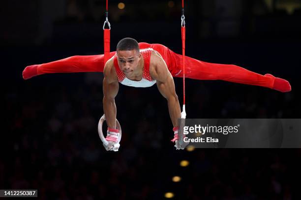 Joe Fraser of Team England competes during Men's Rings Final on day four of the Birmingham 2022 Commonwealth Games at Arena Birmingham on August 01,...
