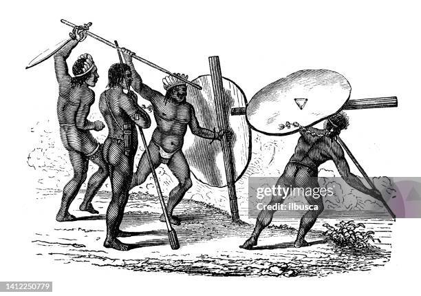 ilustrações de stock, clip art, desenhos animados e ícones de antique illustration, ethnography and indigenous cultures: south american natives, juris people warrior dance - indio brasileiro