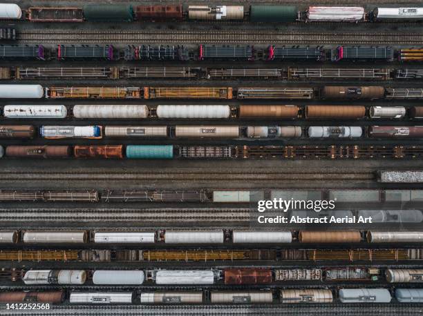 aerial image looking down on freight trains in a railroad station, antwerp, belgium - parque de manobras de comboios imagens e fotografias de stock