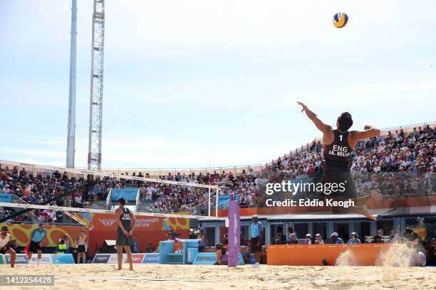 Javier Bello and Joaquin Bello of Team England serves against Team Cyprus during Men's Beach Volleyball Preliminary Pool match on day four of the...