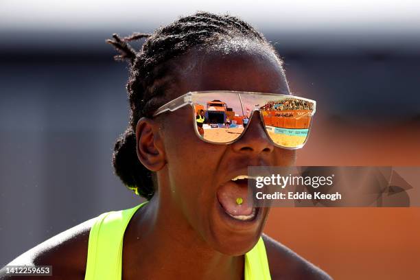 Gaudencia Makokha of Team Kenya reacts against Team Canada during Women's Beach Volleyball Preliminary Pool match on day four of the Birmingham 2022...