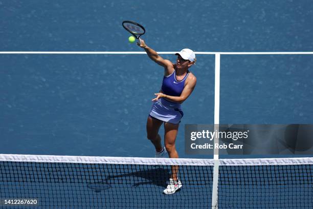 Simona Halep of Romania plays a shot against Cristina Bucsa of Spain during Day 3 of the Citi Open at Rock Creek Tennis Center on August 01, 2022 in...