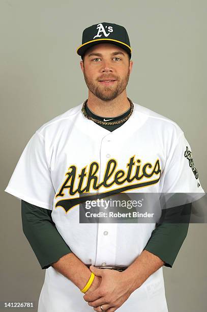 Landon Powell of the Oakland Athletics poses during Photo Day on Monday, February 27, 2012 at Phoenix Municipal Stadium in Phoenix, Arizona.