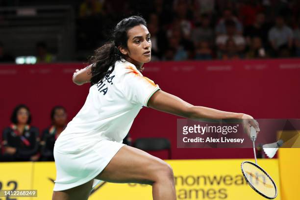 Venkata Sindhu Pusarla of Team India competes during their Mixed Team Event Semi-Final Women's Singles match between Jia Min Yeo of Team Singapore...