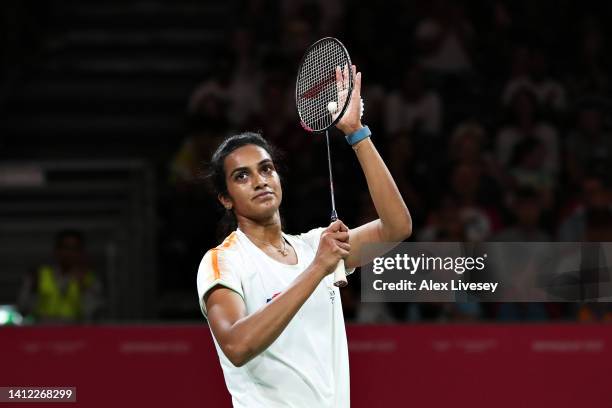 Venkata Sindhu Pusarla of Team India celebrates after winning during their Mixed Team Event Semi-Final Women's Singles match between Jia Min Yeo of...