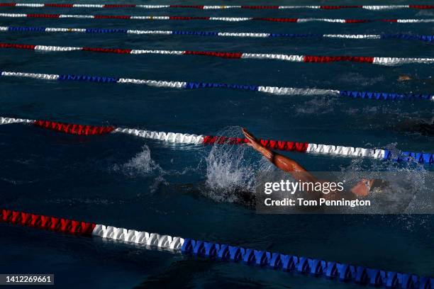 Sebastian Somerset swims in the Men's 200 LC Meter Backstroke B-Final on Day 2 during the 2022 Phillips 66 National Championships on July 27, 2022 in...