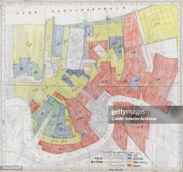 Color coded illustrated map of New Orleans, Louisiana in the United States, 1930s. It is annotated to show mortgage lending risk based on...