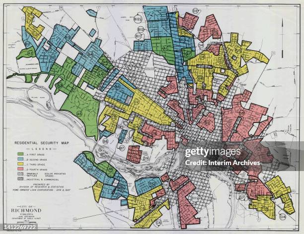 Color coded illustrated map of Richmond, Virginia in the United States, April 3, 1937. It is annotated to show mortgage lending risk based on...