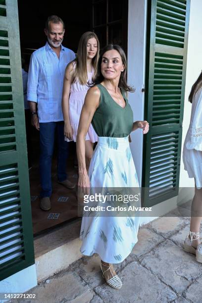 King Felipe VI of Spain, Princess Sofia of Spain and Queen Letizia of Spain visit the Cartuja of Valldemossa on August 01, 2022 in Valldemossa, Spain.
