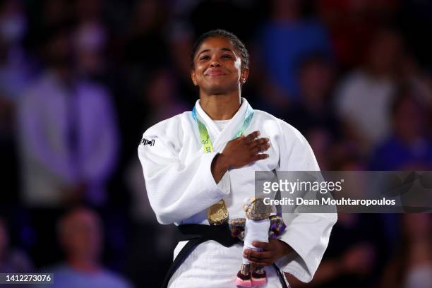 Gold medallist Michaela Whitebooi of Team South Africa celebrates during the Judo Women - 48 kg medal ceremony on day four of the Birmingham 2022...