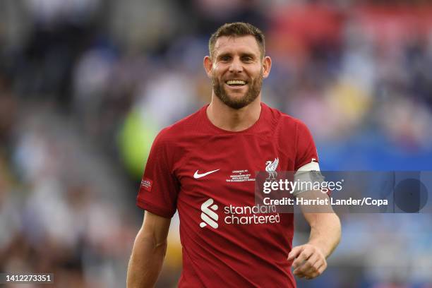 James Milner of Liverpool reacts during the FA Community Shield between Manchester City and Liverpool at The King Power Stadium on July 30, 2022 in...