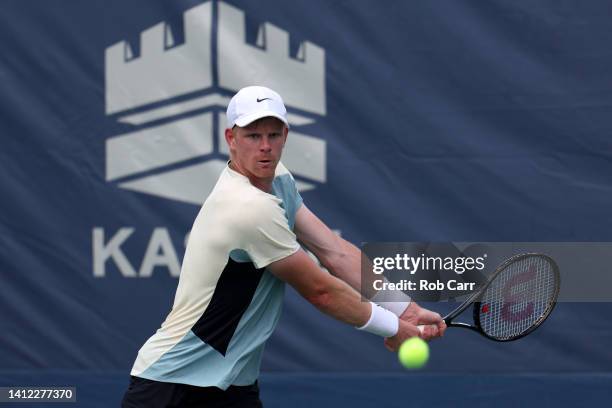 Kyle Edmund of Great Britain plays a shot against Yosuke Watanuki of Japan during Day 3 of the Citi Open at Rock Creek Tennis Center on August 01,...