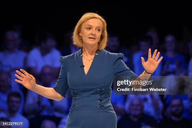 Foreign Secretary Liz Truss speaks during the second Conservative party membership hustings on August 01, 2022 in Exeter, England. Conservative Party...