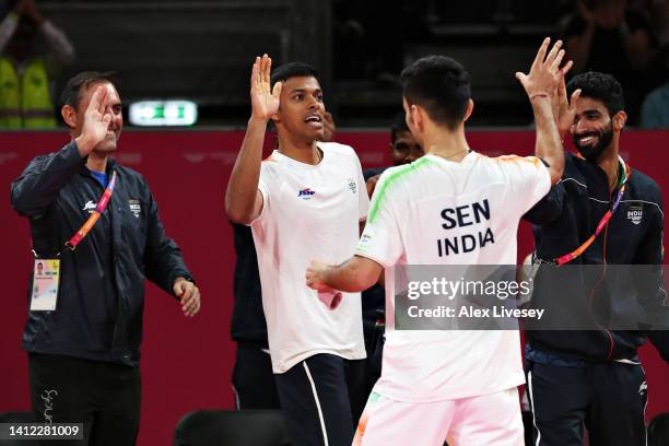 Lakshya Sen of Team India celebrates with their team after winning during the Mixed Team Event Semi-Final Men's Singles match between Kean Yew Loh of...