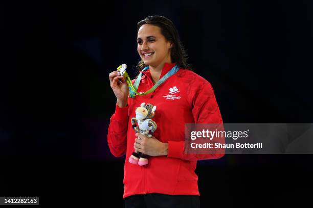 Silver medalist, Kylie Masse of Team Canada poses with their medal during the medal ceremony for the Women's 200m Backstroke Final on day four of the...