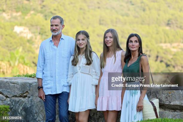 King Felipe VI of Spain, Princess Leonor of Spain, Princess Sofia of Spain and Queen Letizia of Spain during their visit to the Valldemossa...