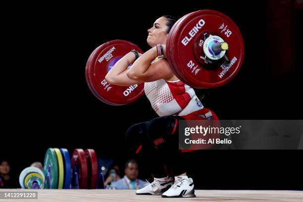 Sarah Davies of Team England performs a clean & jerk during Women's 71kg - Final on day four of the Birmingham 2022 Commonwealth Games at NEC Arena...