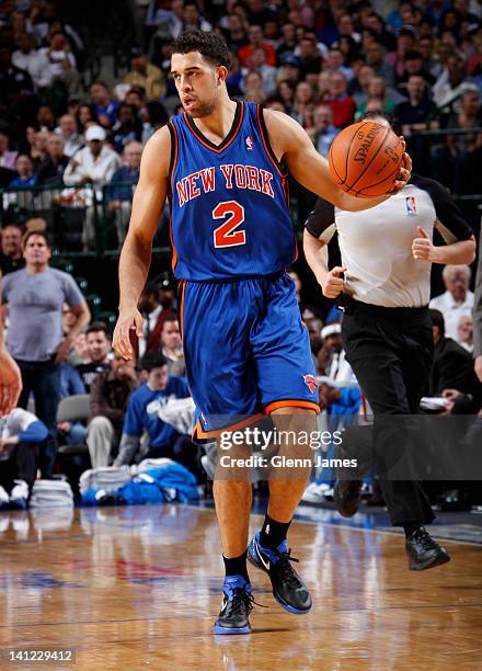 Landry Fields of the New York Knicks handles the ball against the Dallas Mavericks on March 6, 2012 at the American Airlines Center in Dallas, Texas....