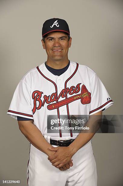 Eddie Perez of the Atlanta Braves poses during Photo Day on Wednesday, February 29, 2012 at Champion Stadium in Lake Buena Vista, Florida.