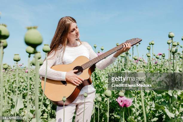 a charming young girl plays the guitar in a field of purple poppies on a bright sunny day. - songwriter stock pictures, royalty-free photos & images