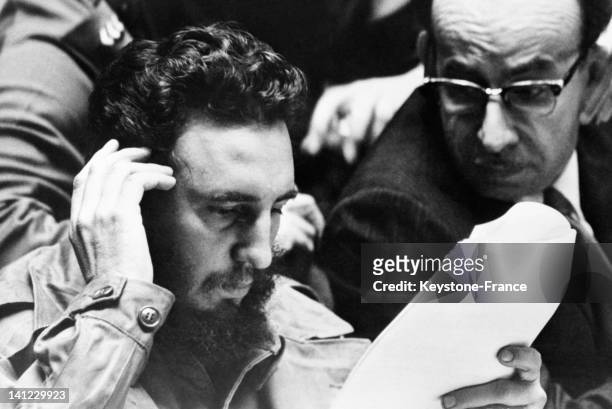 Cuban Prime Minister Fidel Castro during UN General Assembly with Cuban minister of Foreign Affair Raul Roa Garcia on September 22, 1962 in New York,...