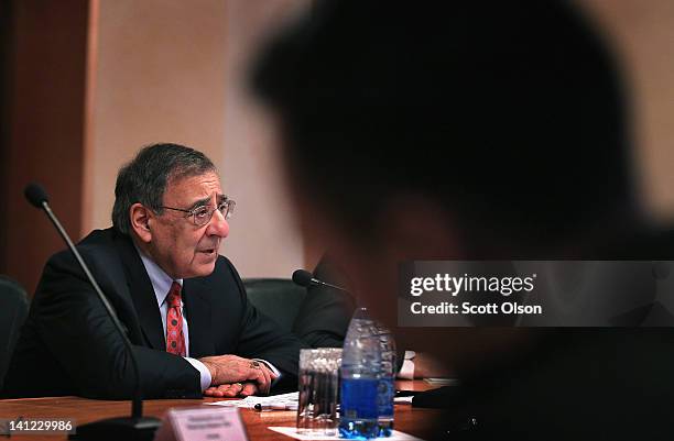 Secretary of Defense Leon Panetta meets with Kyrgyzstan officials regarding the continued use of the Transit Center at Manas on March 13, 2012 in...