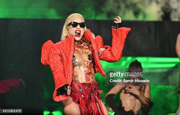 Lady Gaga performs on stage during The Chromatica Ball Summer Stadium Tour at Tottenham Hotspur Stadium on July 29, 2022 in London, England.