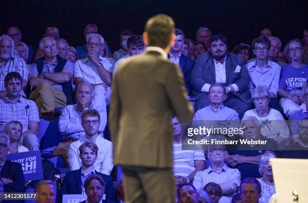 Former Chancellor to the Exchequer Rishi Sunak speaks during the second Conservative party membership hustings, on August 01, 2022 in Exeter,...